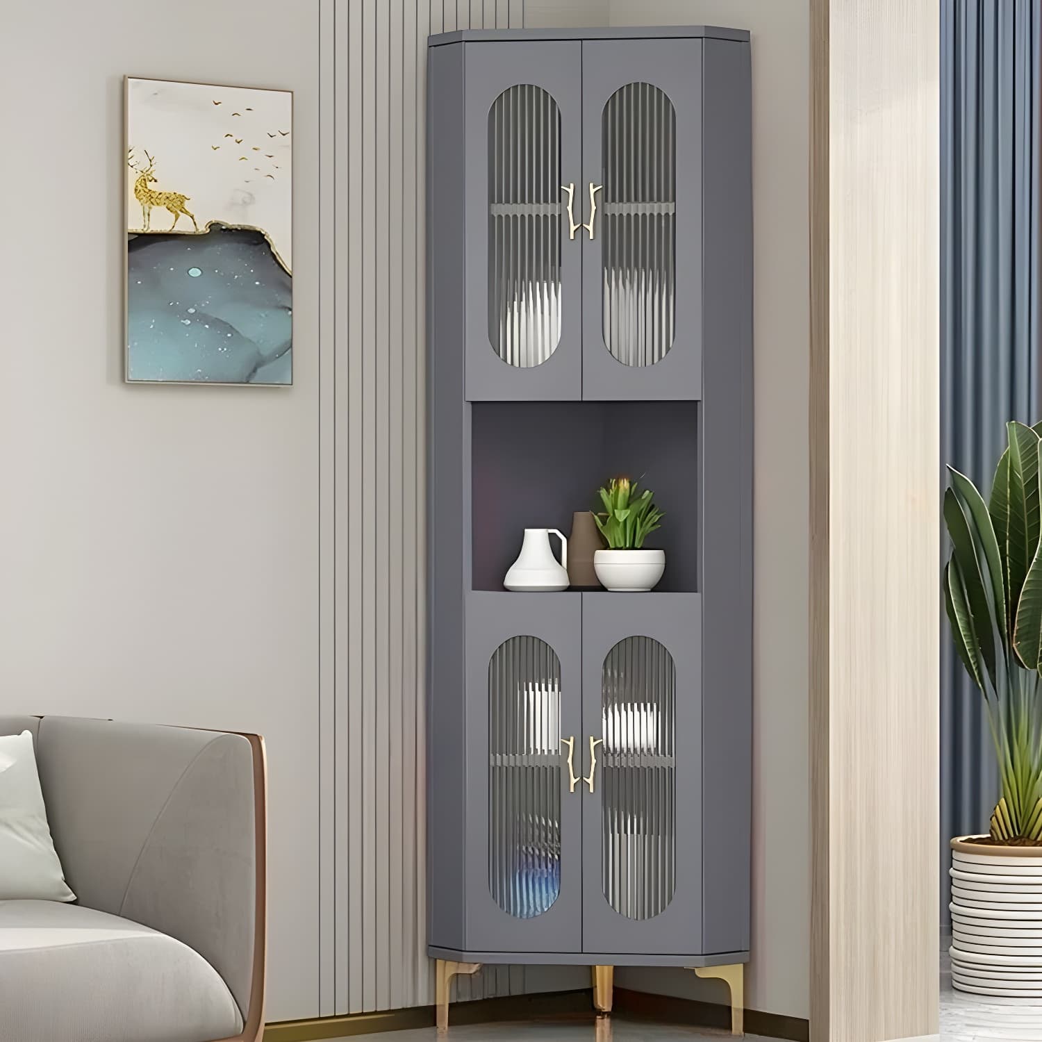 Corner Glam Accent Cabinet with Metal Base and Glass Doors, 4 Interior Shelves, and 1 Exterior Shelf - image 11