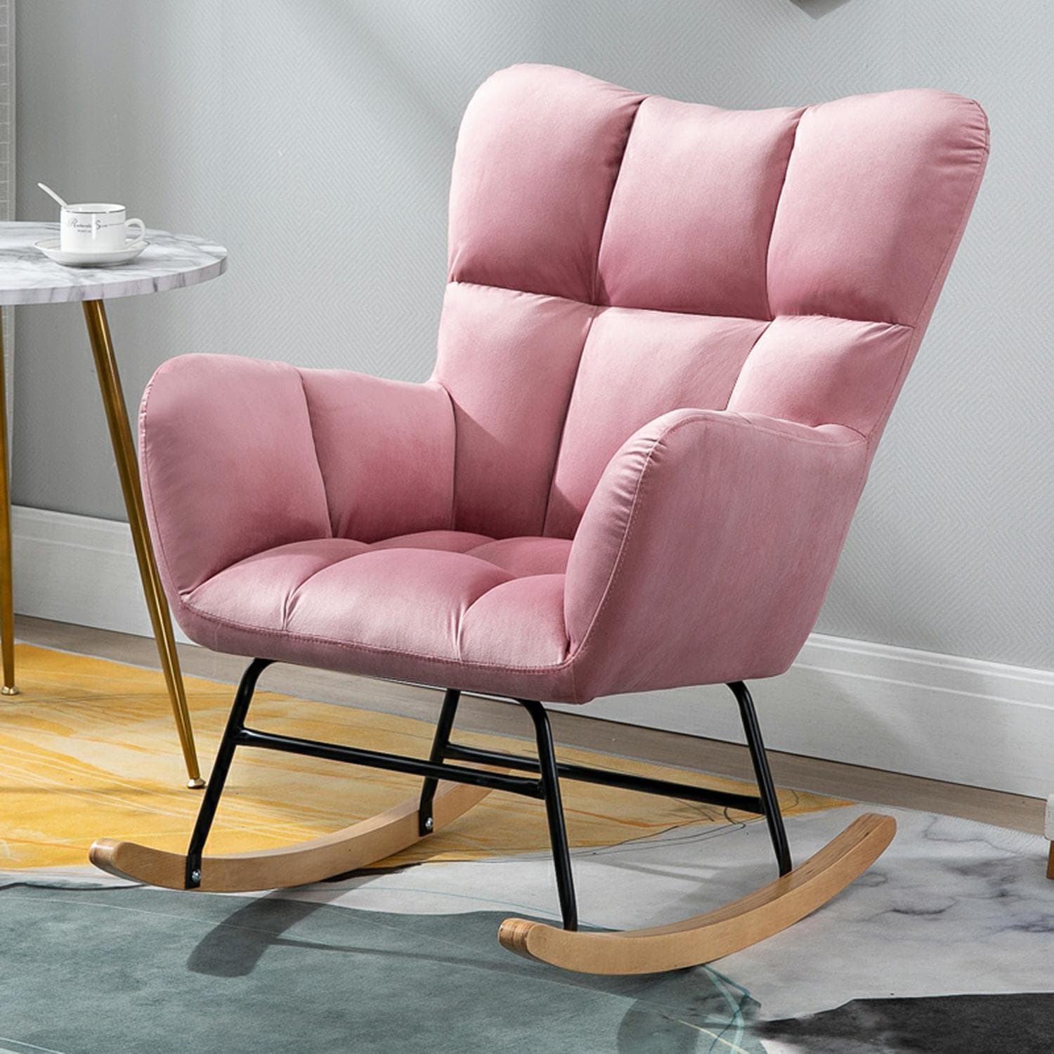 Stylish Modern Upholstered Rocking Chair with Tufted Design and Wood Legs - Support Up to 398 lbs - image 9