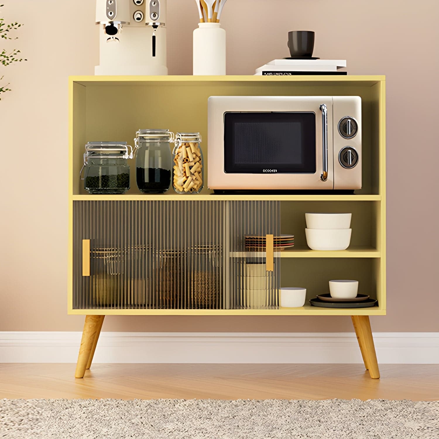 Scandinavian Wood Buffet Table with Acrylic Sliding Doors and Cabinet - image 3