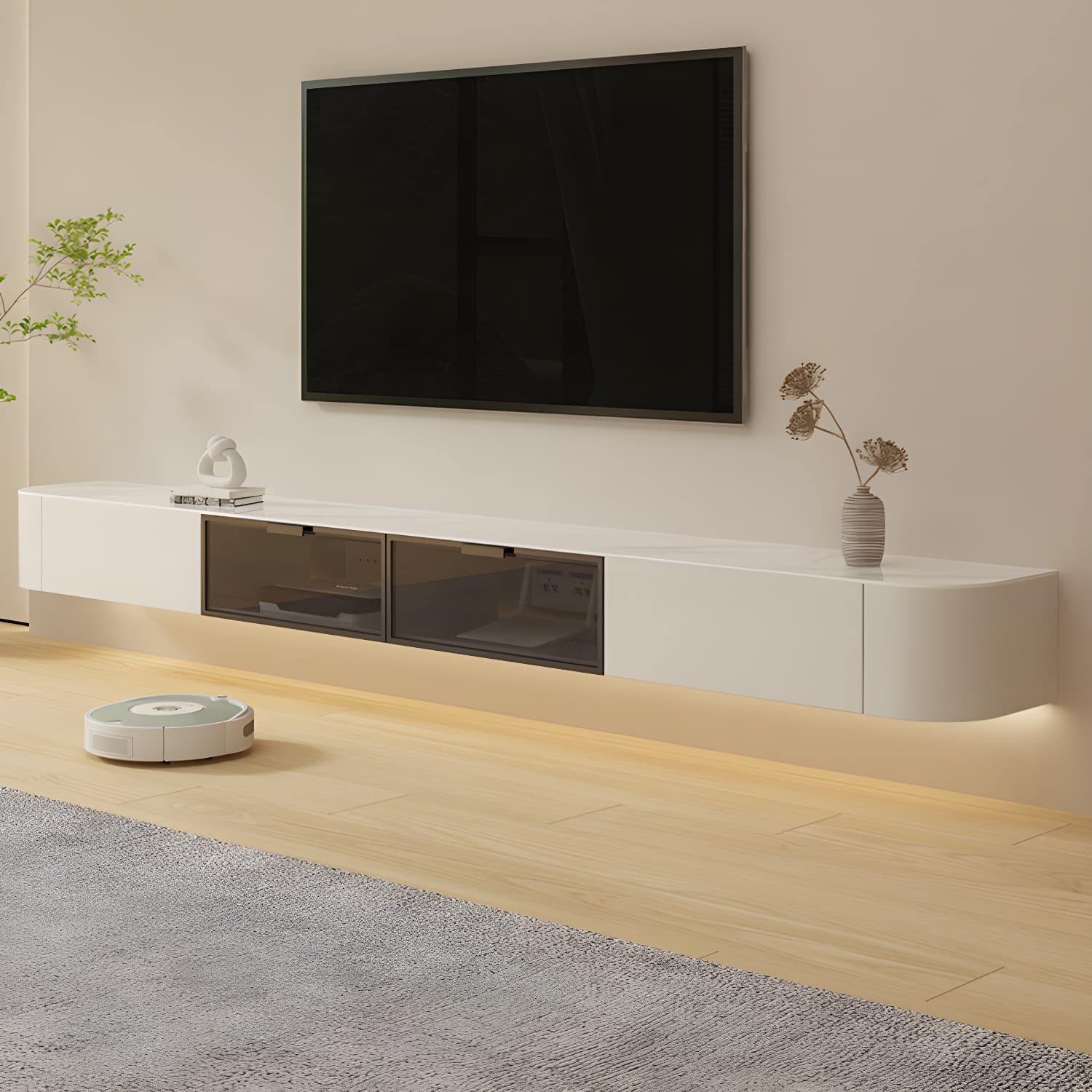 Stone TV Media Console Floating Stand Console with 2 Drawers - image 4