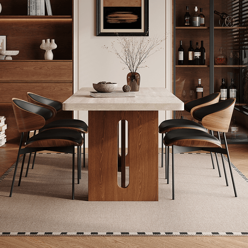 Minimalist Rectangular Slate Stone Dining Table Set with Two-sided Pedestal in Ivory