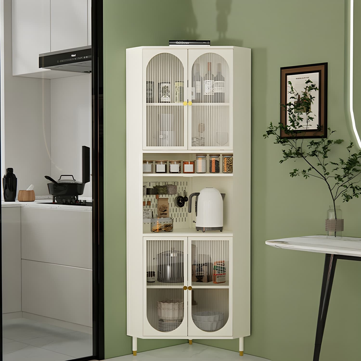 Corner Scandinavian Accent Cabinet with Steel Base and Glass Doors, and Adjustable Shelves - image 4
