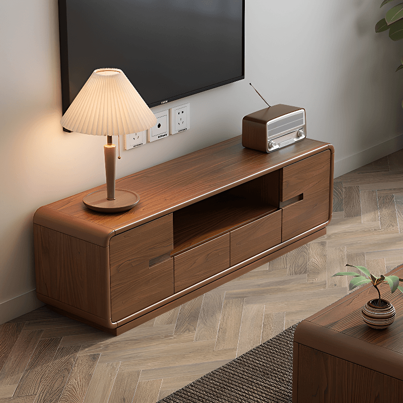 Old School Rectangular Open Shelving Natural Wood TV Stand with Natural Finish and Gate Doors - image 4