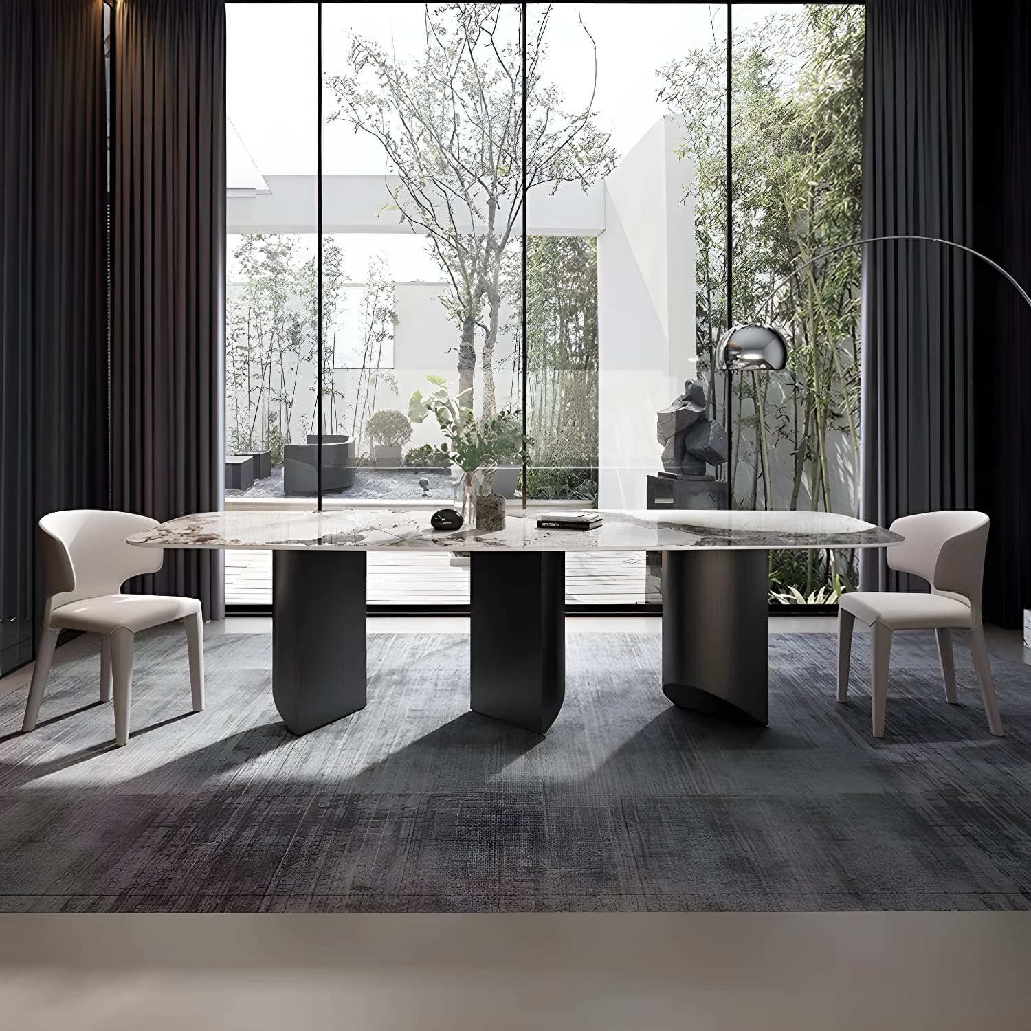 Rectangle Dining Table Sintered Stone Top Modern White Table with Black Legs - image 3