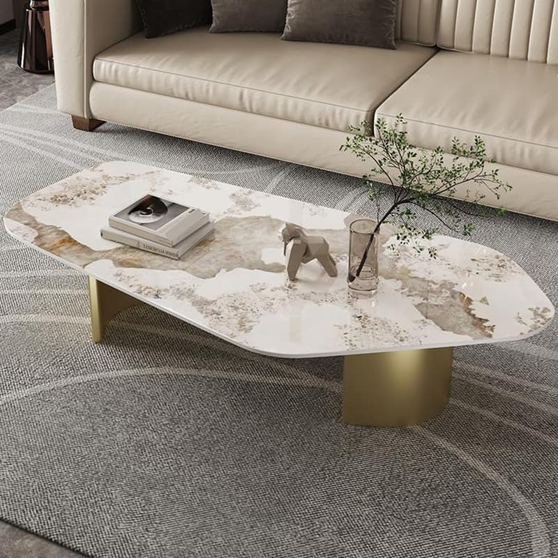 Modern Farmhouse Stone White Irregular Single Coffee Table with Twin Pedestal Base - image 3