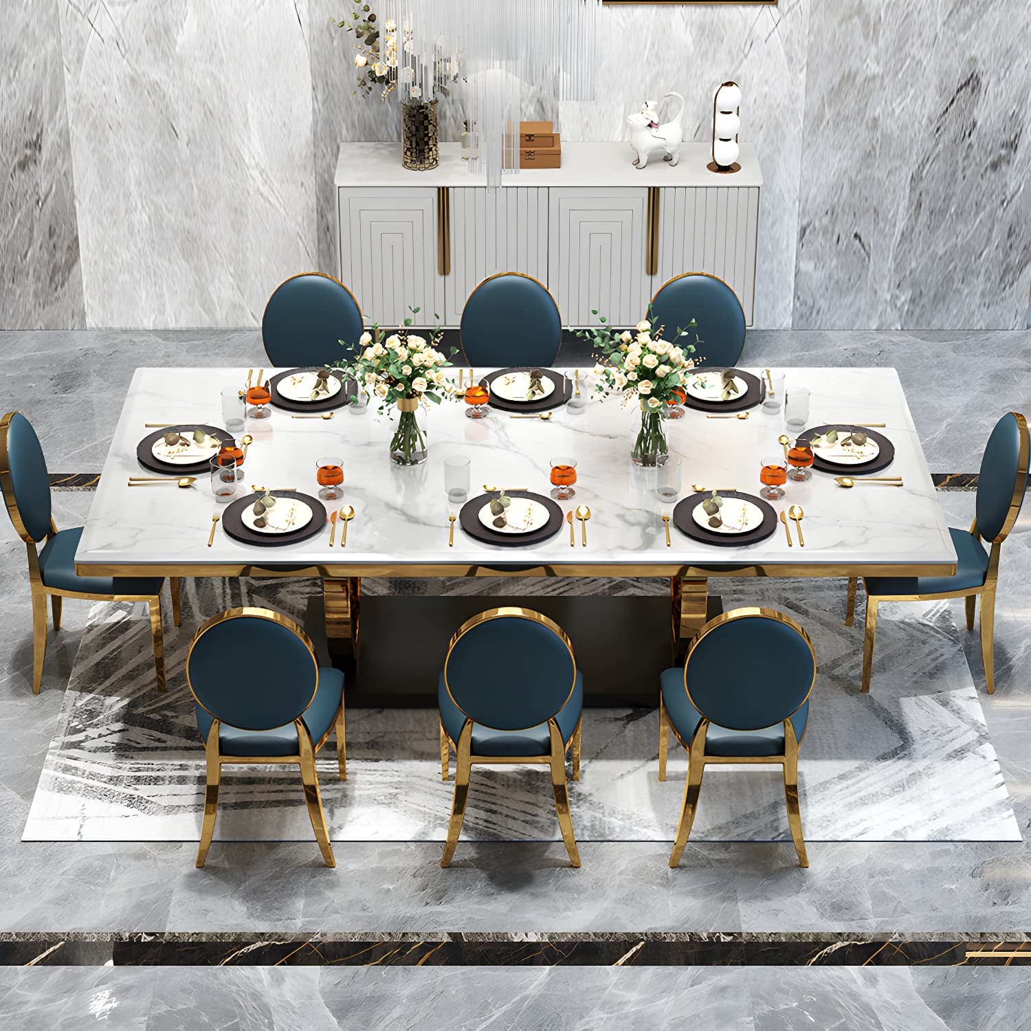 White Stone Top Table Luxury Rectangle Gold Base Dining Table - image 3