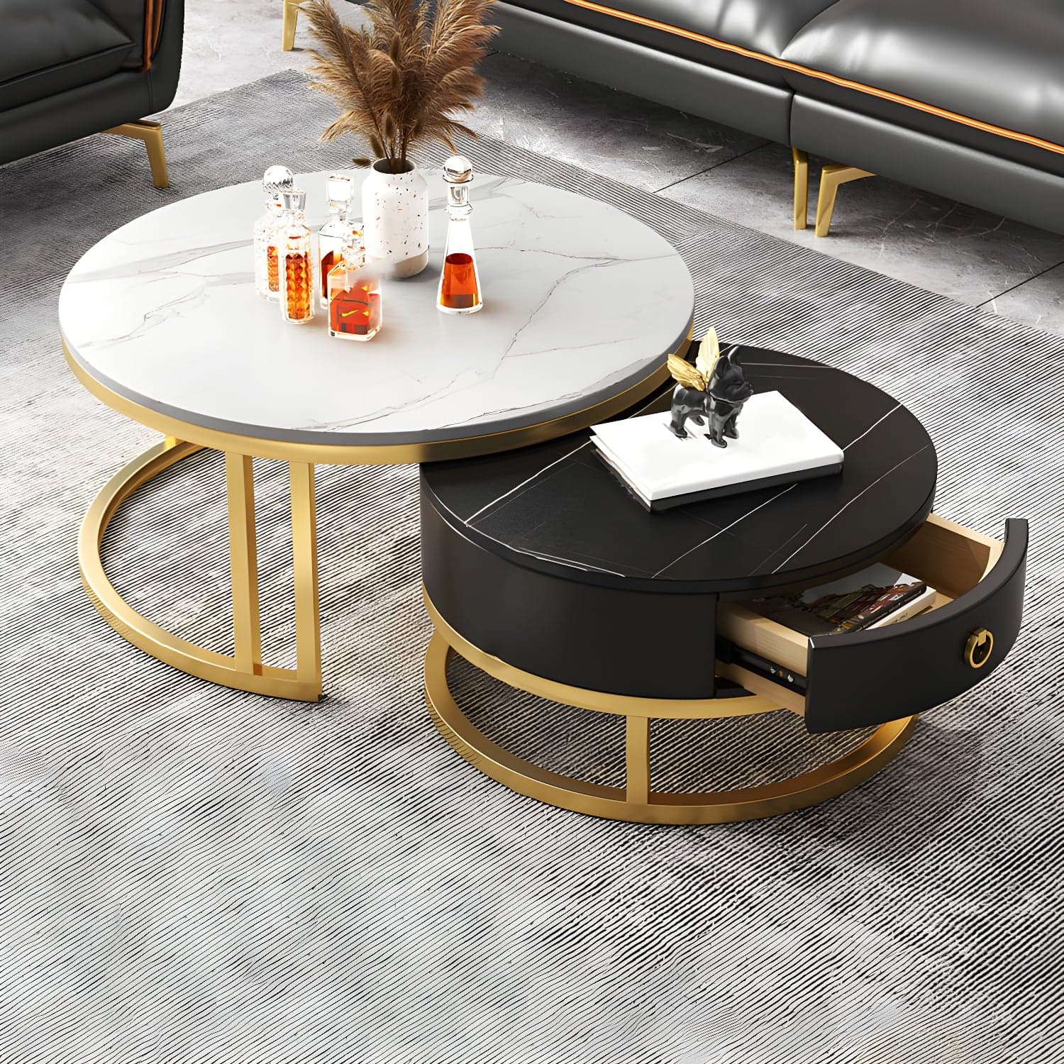 Modern Nesting Coffee Table Set Frame Round Coffee Table Set with Drawer - image 6