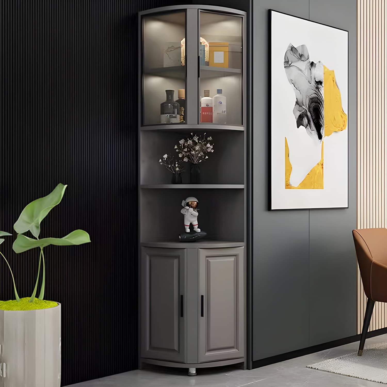 Modern Grey Corner Accent Cabinet with Glass Doors and 8 Interior Shelves - image 7
