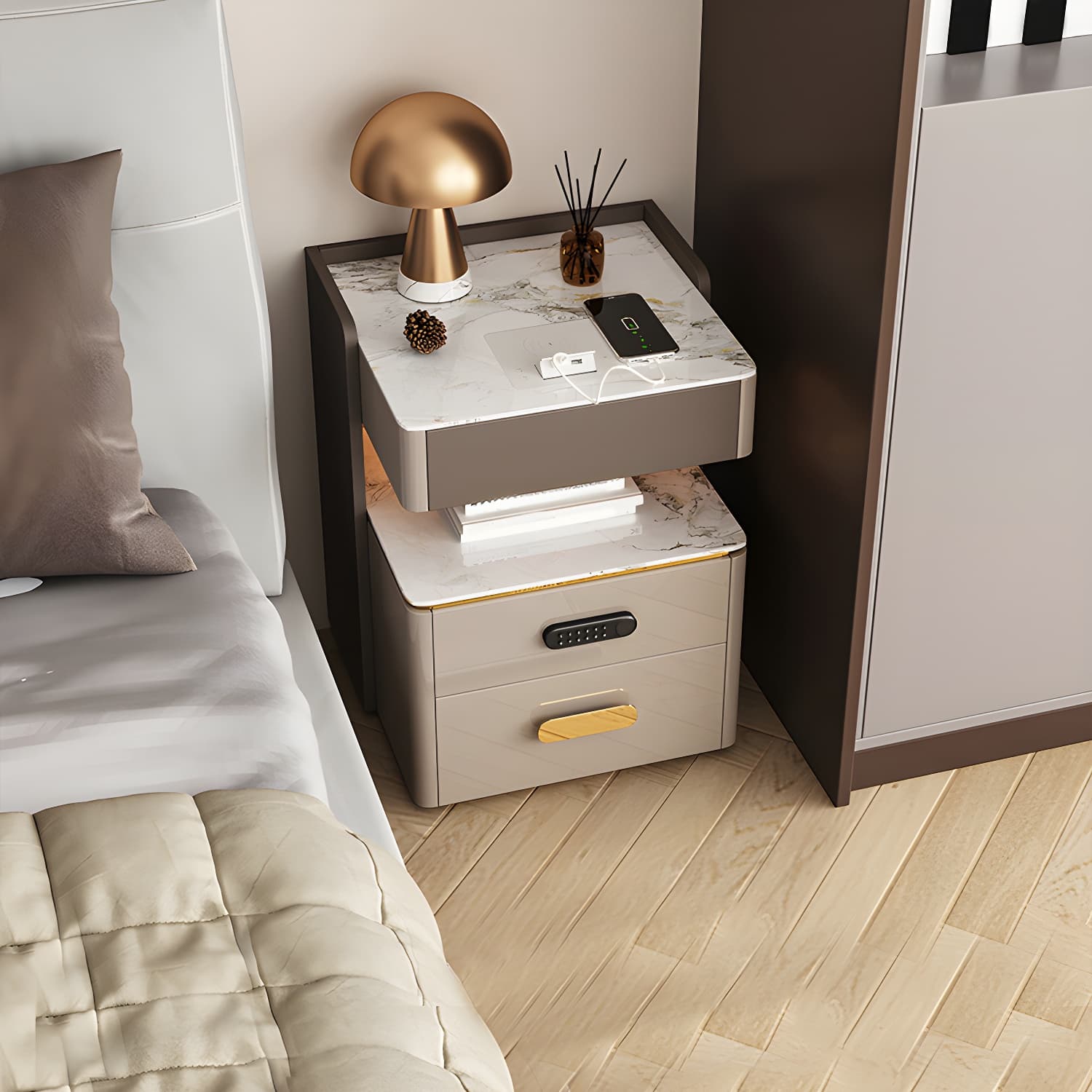 3-Drawer Nightstand with USB charging 21.65" Tall Faux Leather Nightstand - image 5