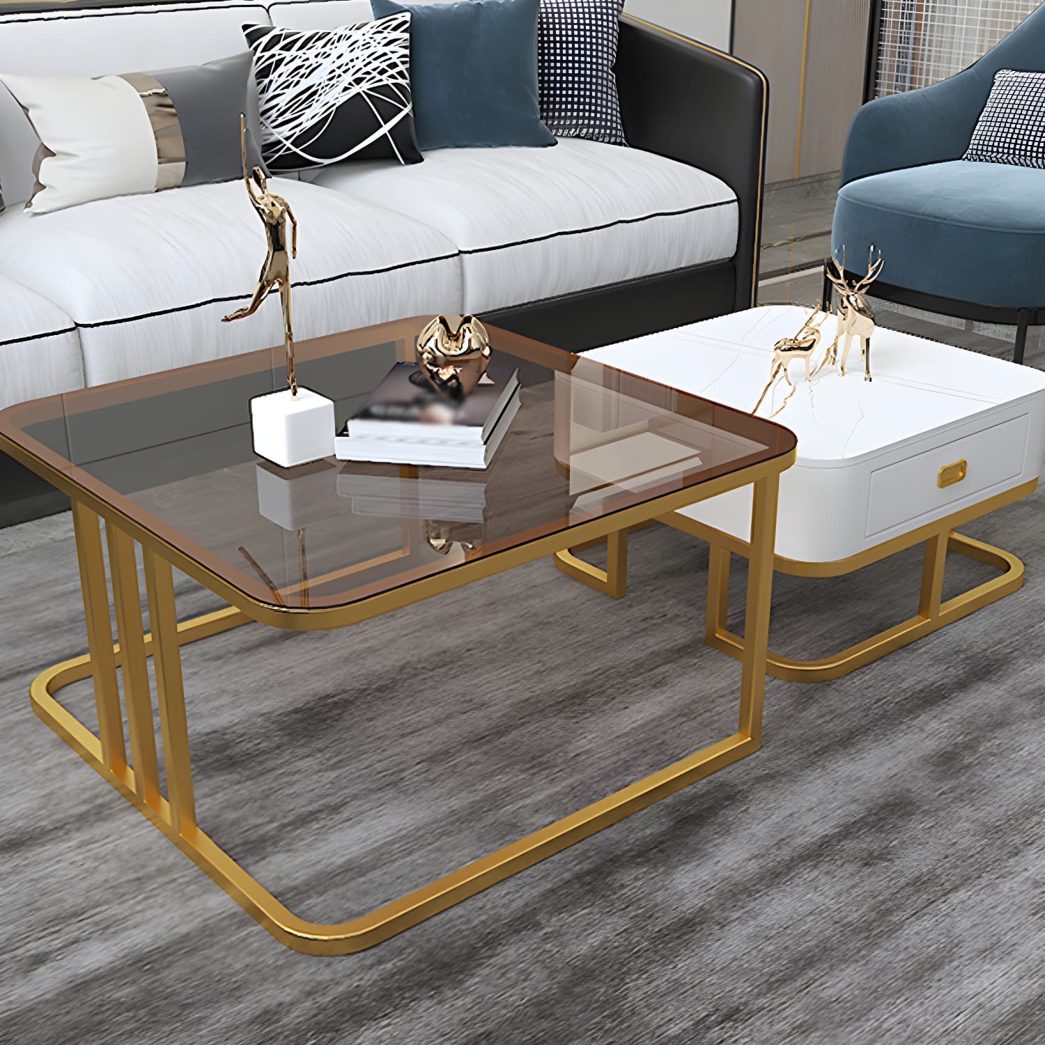 Round Slate/ Glass Coffee Table Frame 2 Nesting Cocktail Table with Storage - image 19