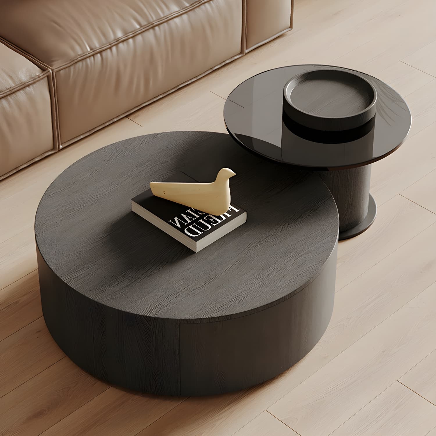 Modern Round Coffee Table with Metal Drum Base and 2 Drawers - image 13