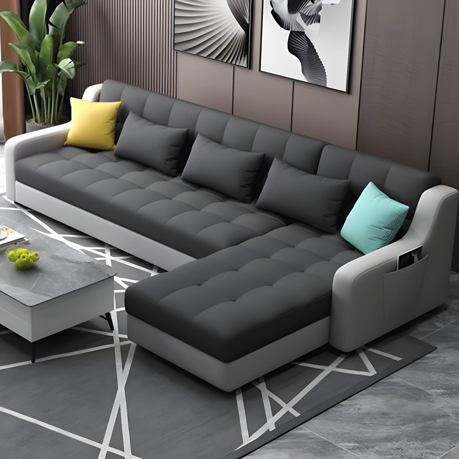 Modern Gray Linen Sleeper Sectional in Wood Frame without Nail Head Trim