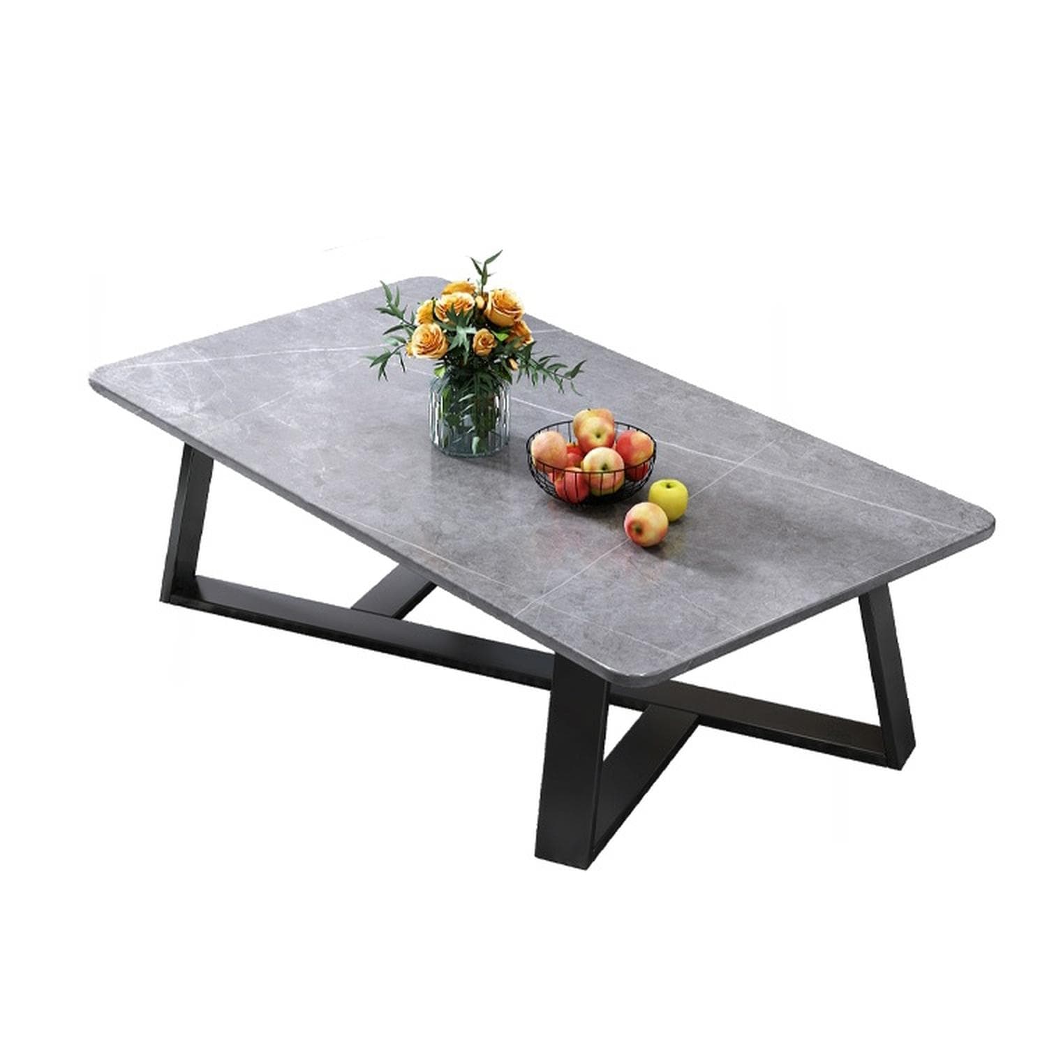 Black Iron Base Stone Top Modern Coffee Table with Cross Legs - image 8