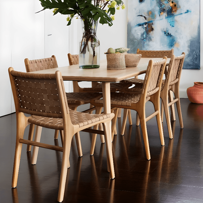 Modish Stable Genuine Leather/Rope/Faux Leather Woven Side Chair with Wood Framed Open Back and Natural Finish/Brown Base - image 8