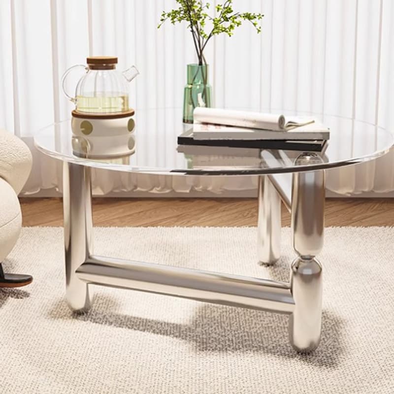 Sleek Silver Stainless Steel Coffee Table with Tempered Glass Top