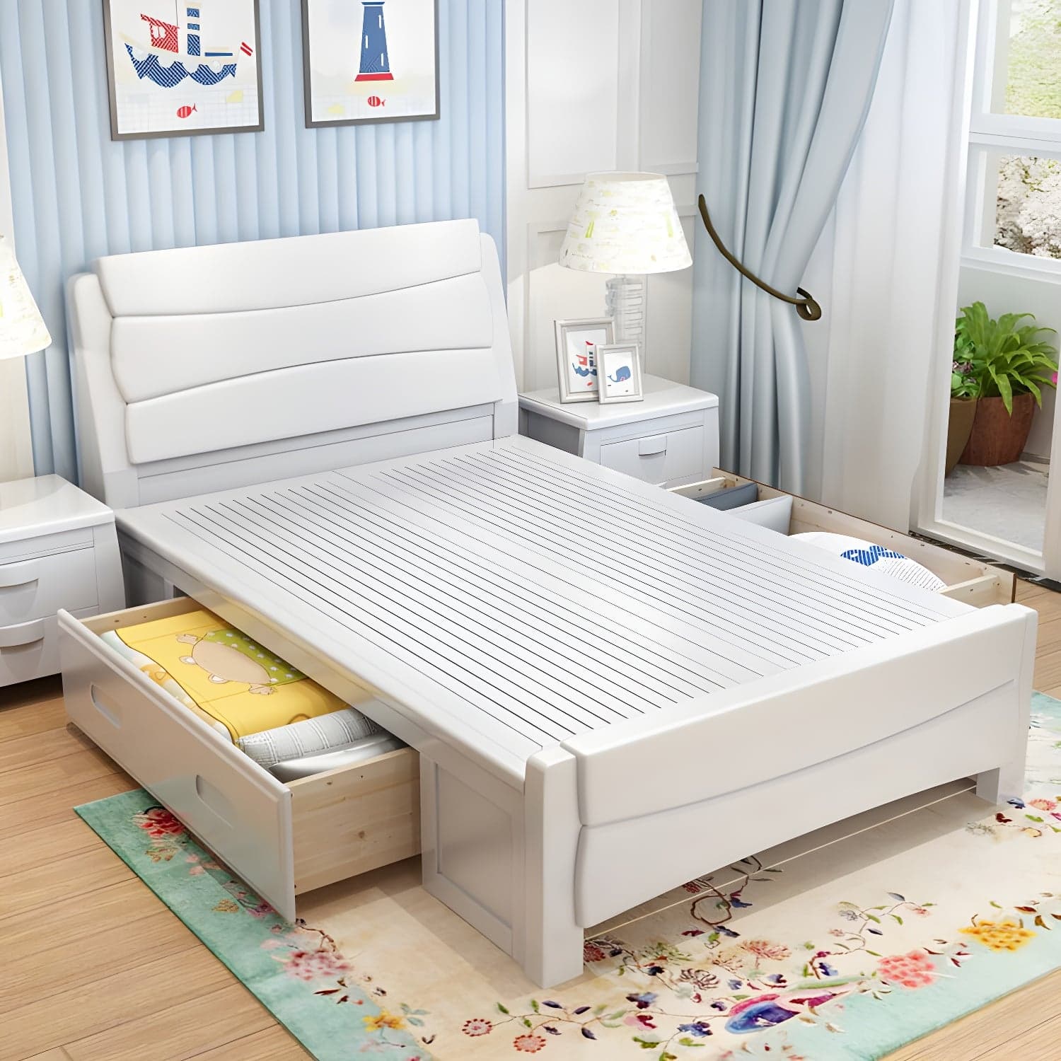 84.65 inch Wide Traditional Bed Frame Rubberwood Standard Bed with Headboard - image 3