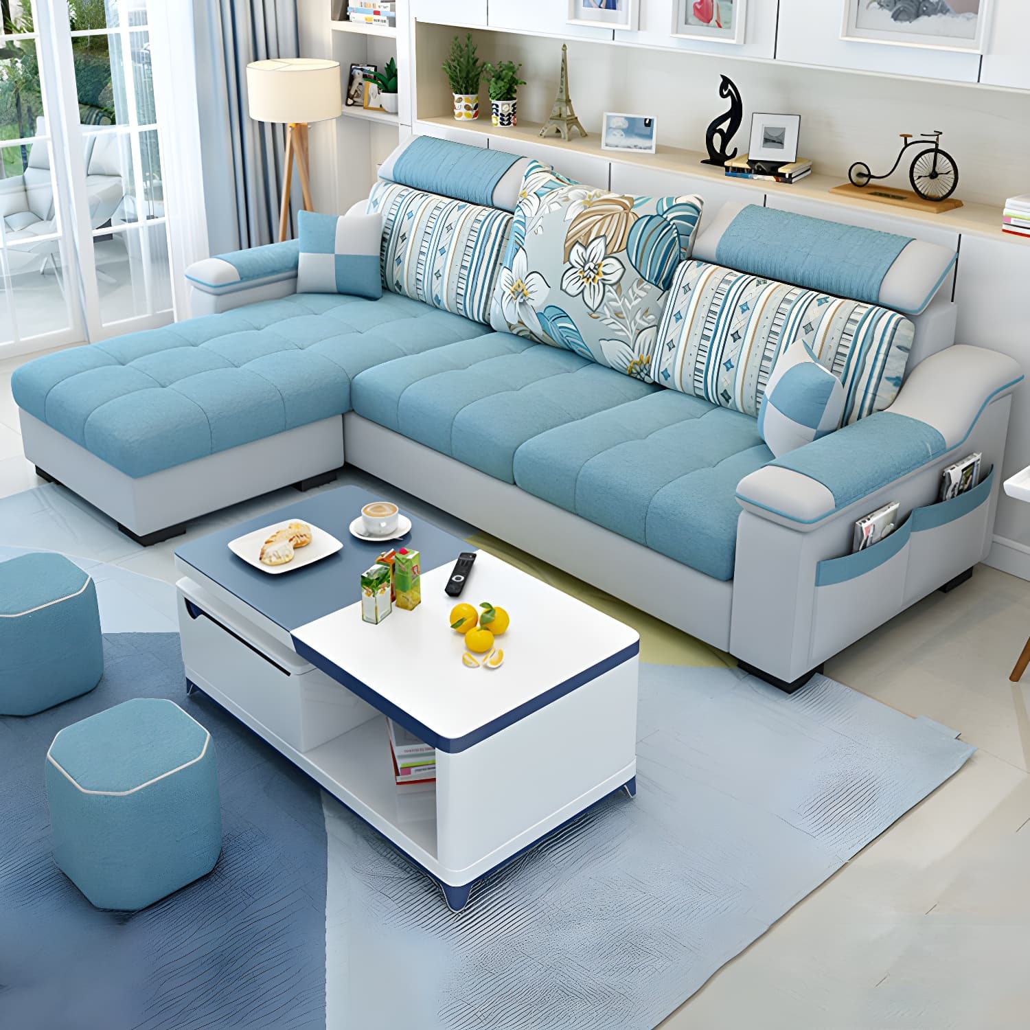 Modern Reversible Straight Sectional Sofa with Ottoman in Linen Upholstery, Sloped Arms - image 13