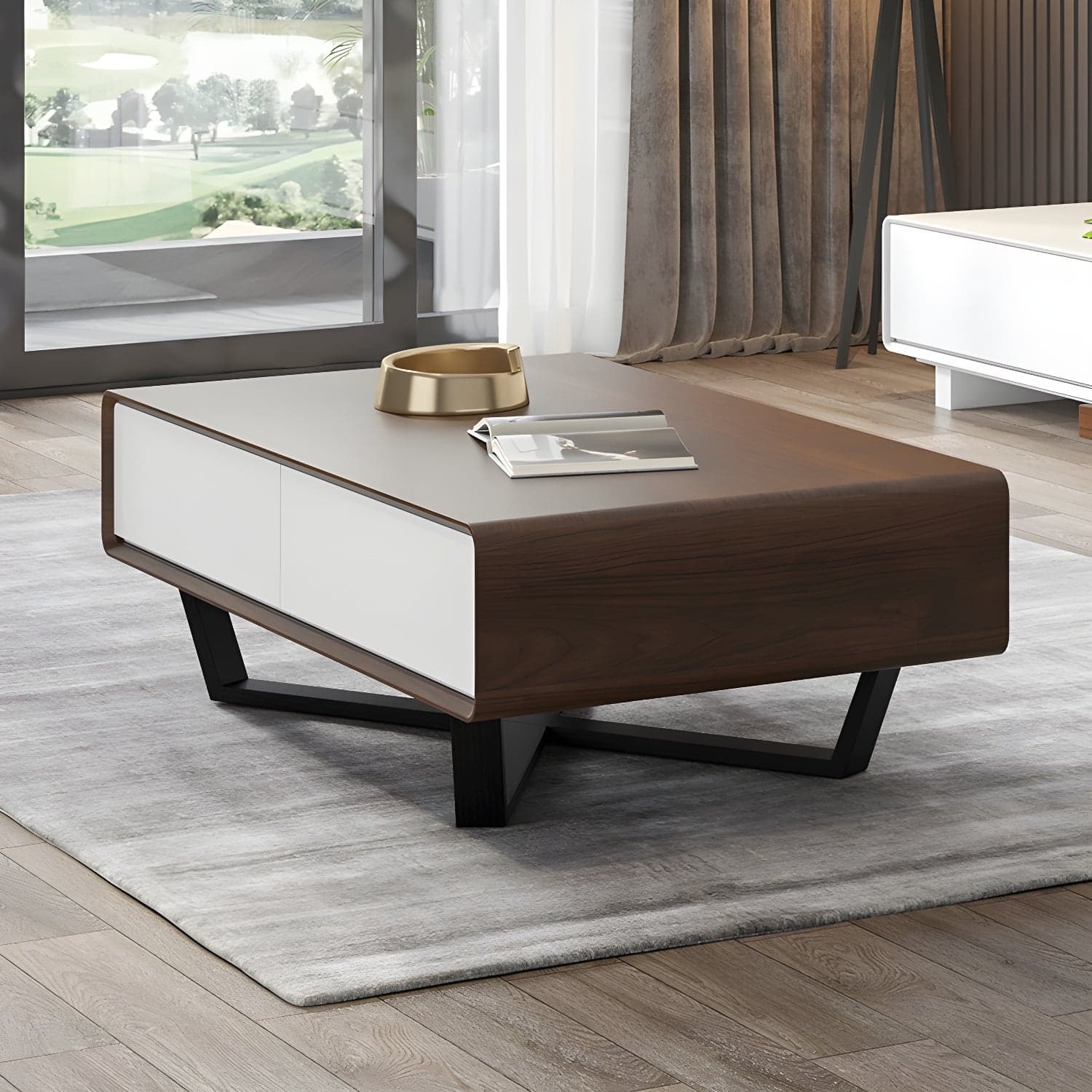 Rectangular Wood Modern Coffee Table with Black Metal Cross Legs and Storage Drawers - image 7