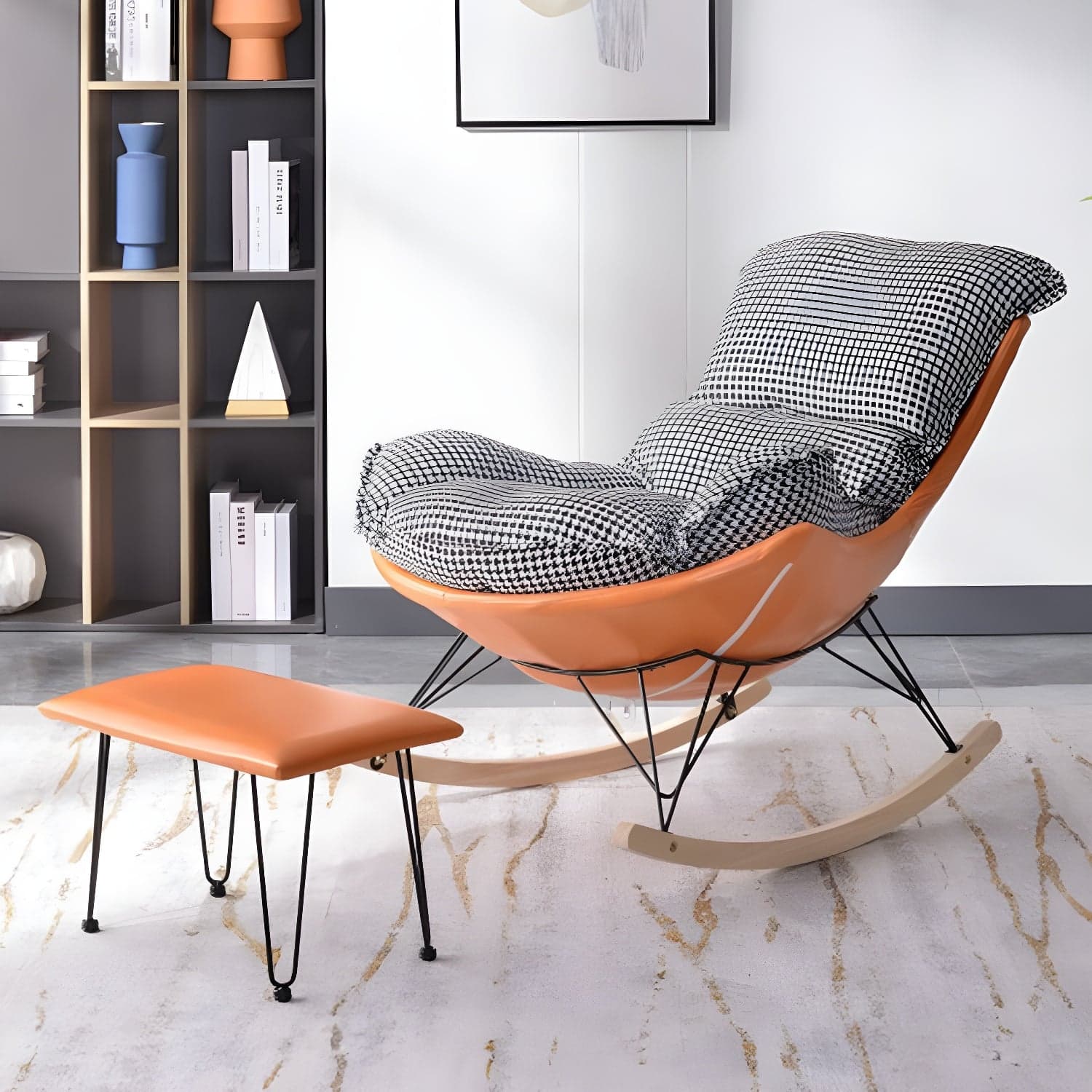 Modern Upholstered Rocking Chair with Ottoman Set - Natural Wood Legs - image 8