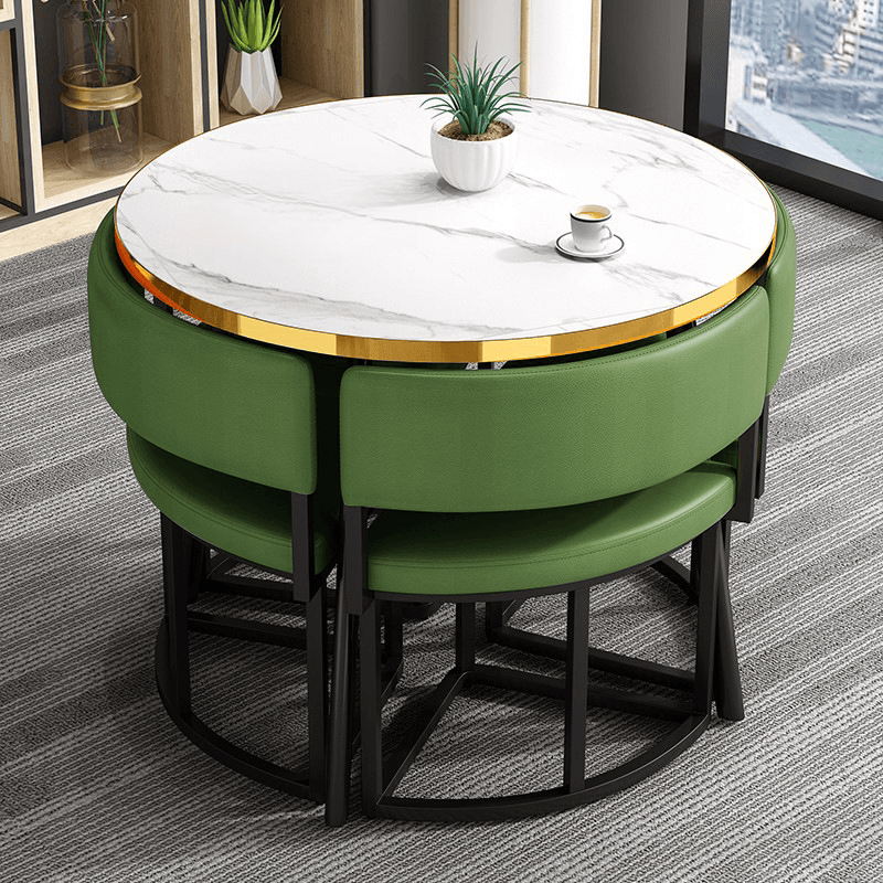 Art Deco Circular-shaped Upholstered Chair Metal & Faux Wood Dining Table Set with Upholstered Back in White, 5 Pieces - image 26