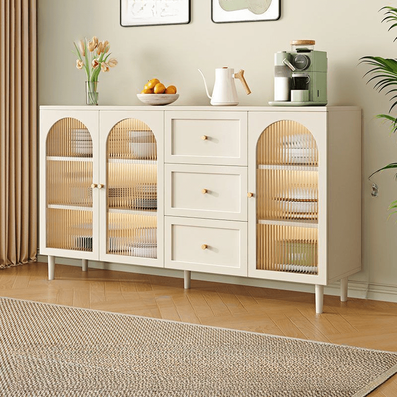 White Trendy Sideboard with 3 Drawers, Narrow/Standard Size, 3/6 Shelves, Lumber Countertop, and Glass-panel Door - image 12