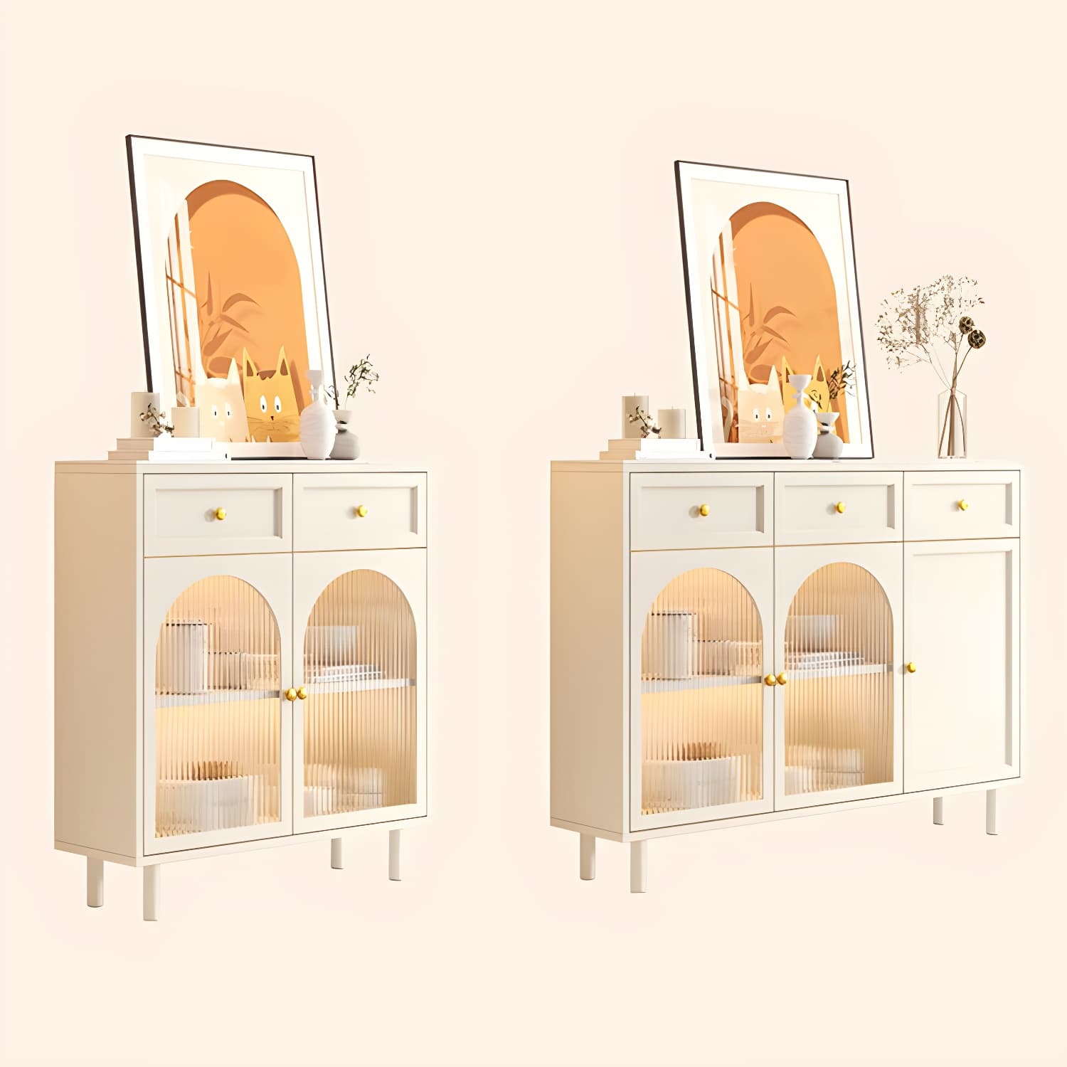 Scandinavian Wood Buffet Sideboard with Stone Countertop and Glass Doors - image 11