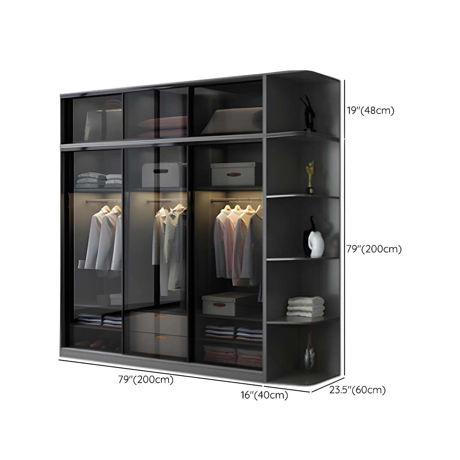 Contemporary Wood and Tempered Glass Wardrobe Freestanding Wardrobe Armoire without Light - image 30