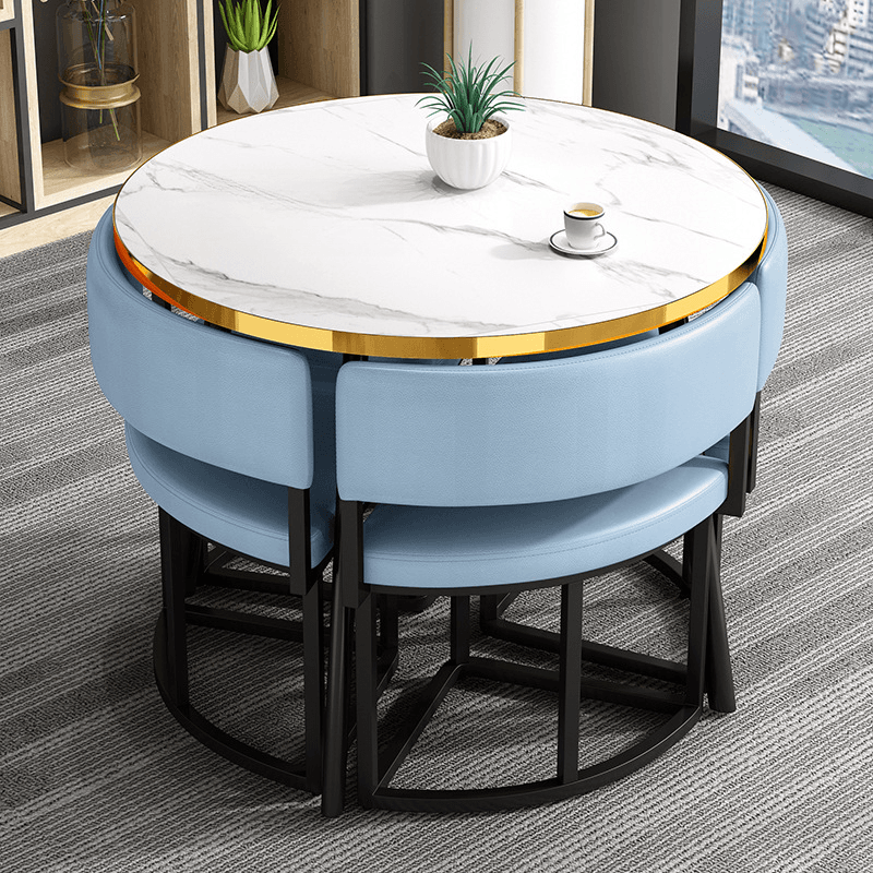 Art Deco Circular-shaped Upholstered Chair Metal & Faux Wood Dining Table Set with Upholstered Back in White, 5 Pieces - image 7