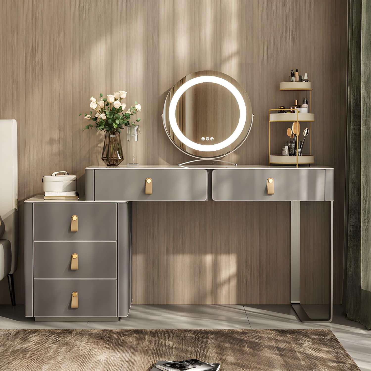 Contemporary 5-Drawer Wood Frame Slate Top Makeup Vanity Desk Table in Gray