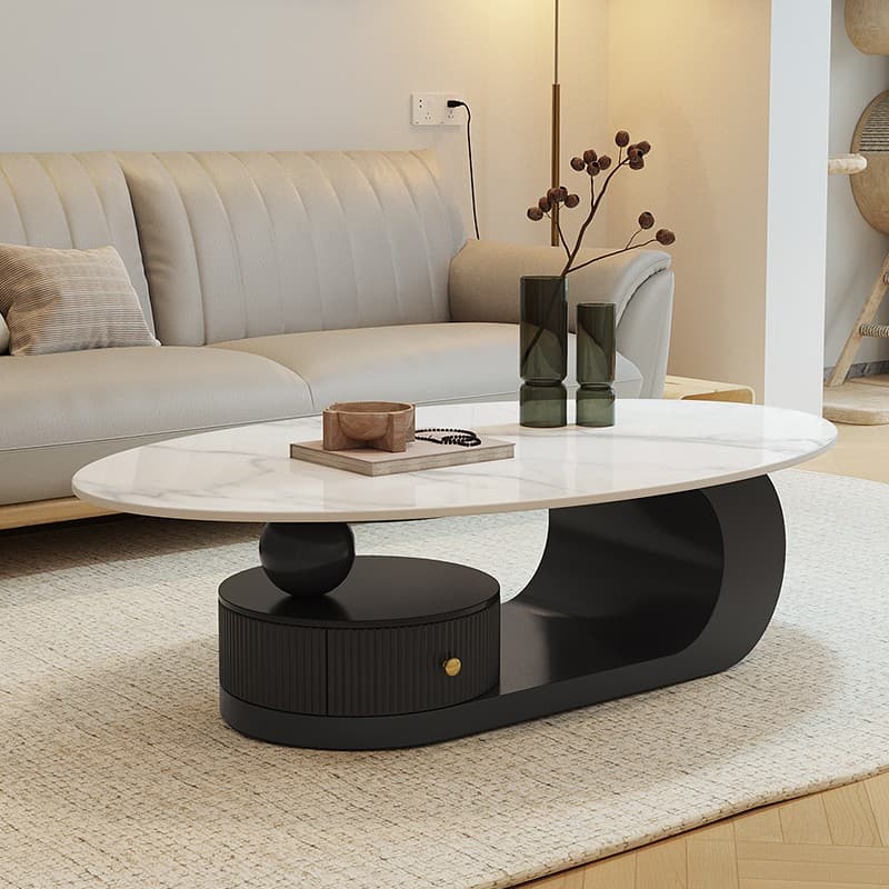 White/Black Farmhouse Single Stone Accent Table with Base, Oval Top, and 1 Drawer