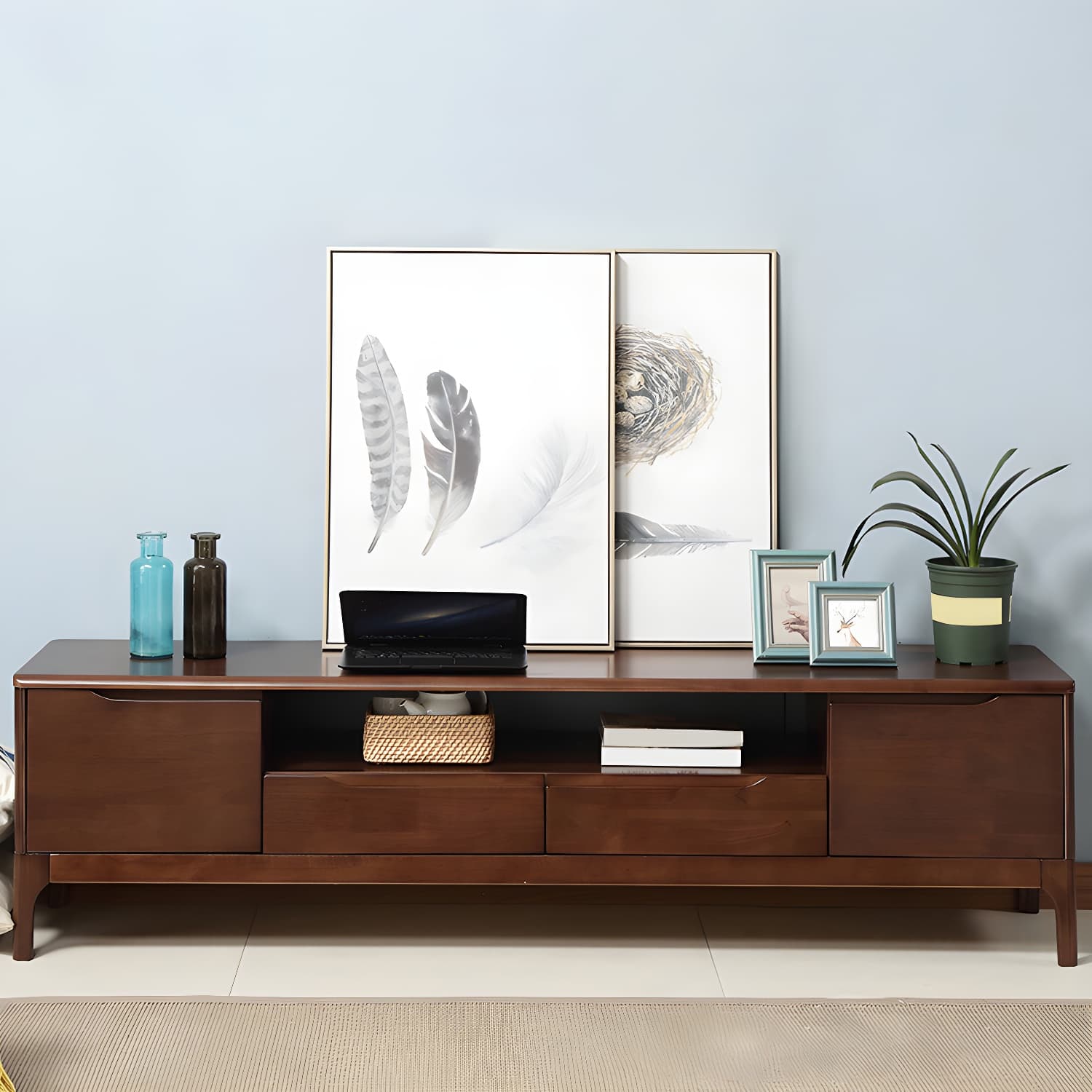 Rubber Wood Media Console Modern 2 Doors TV Console with Splayed Wooden Legs - image 8