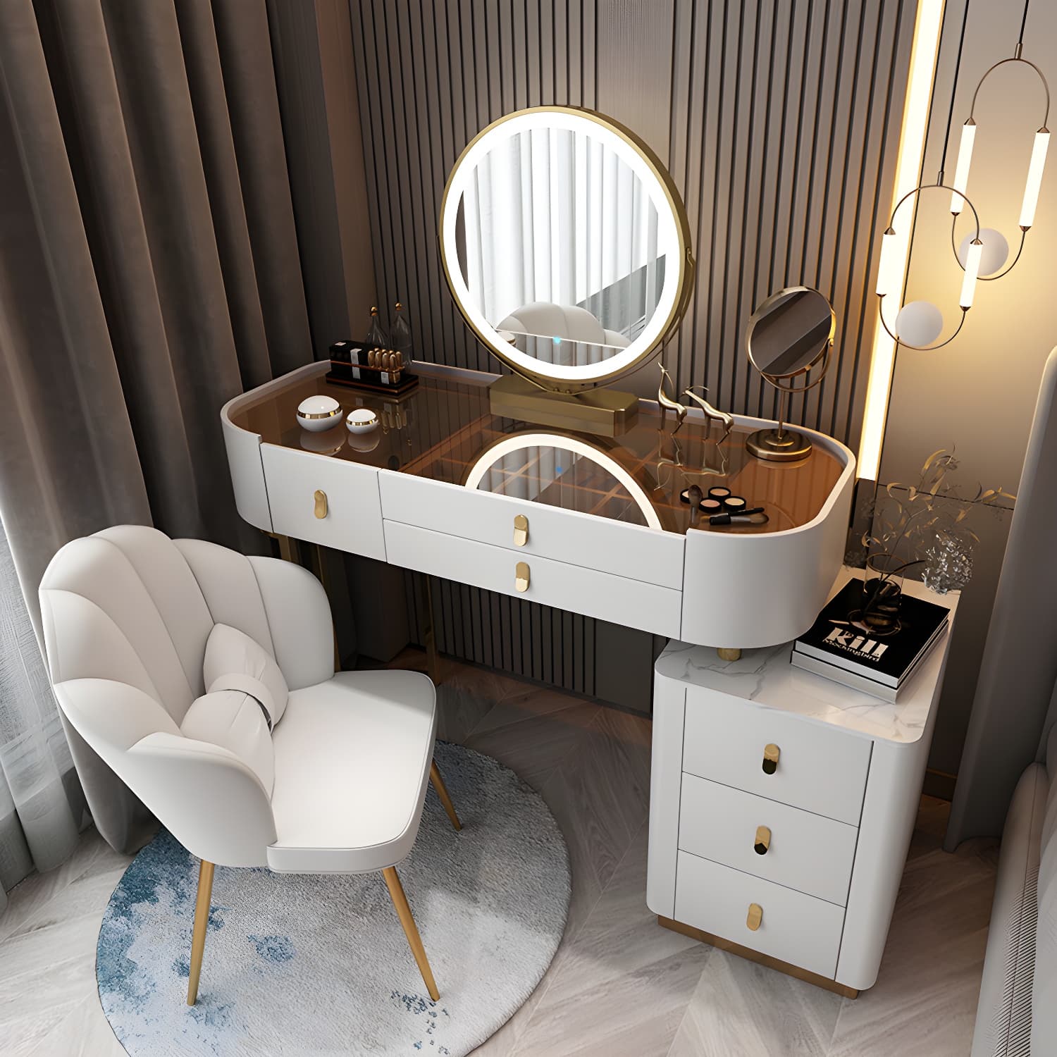 Glass/Stone Make-up Vanity Modern Vanity Dressing Table with Storage Drawers - image 6