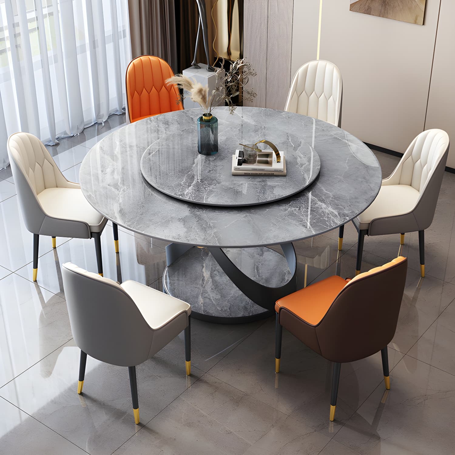 Modern Round Stone Top Lazy Susan Dining Table with Black Steel Pedestal - image 7