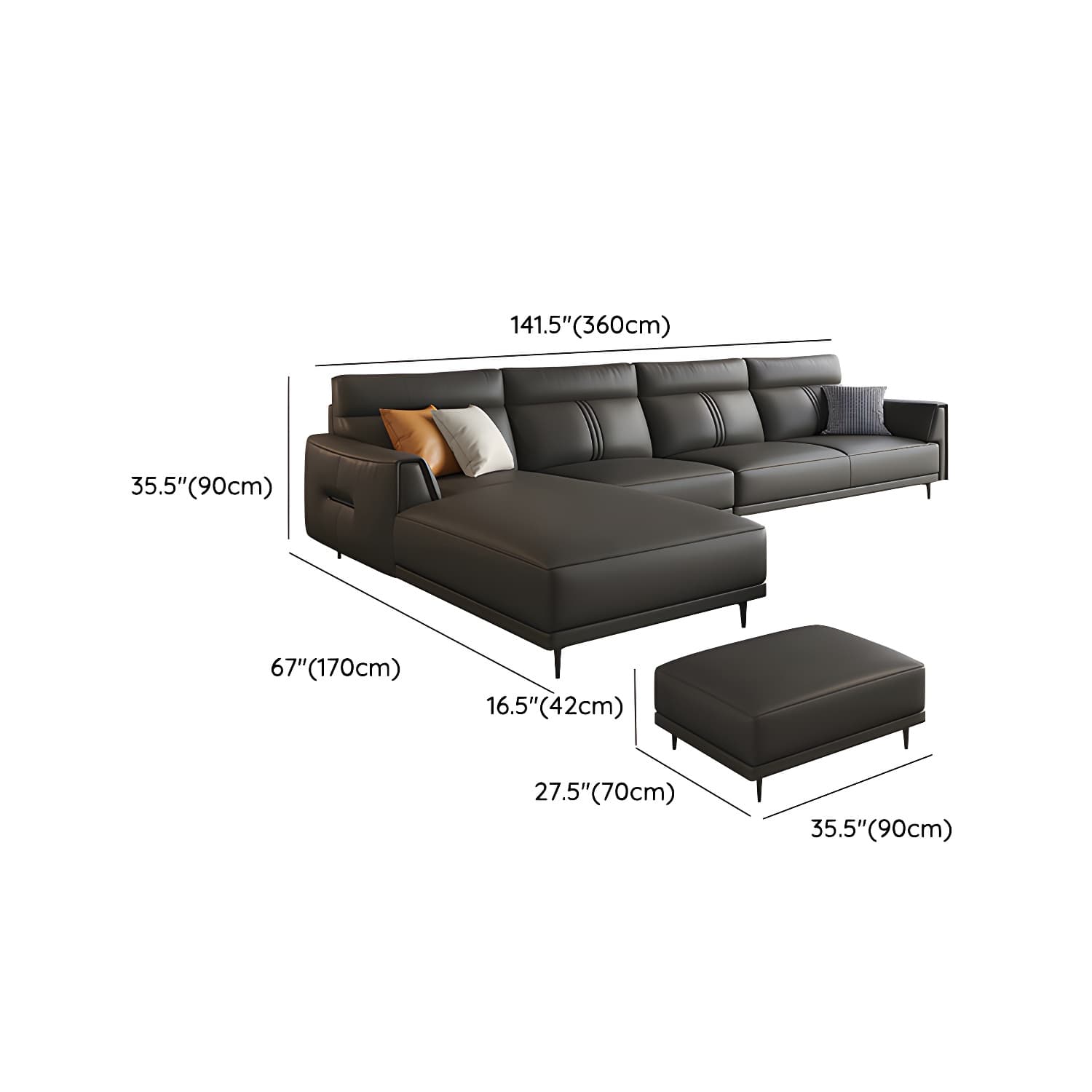 Modern Black Leather Stationary Sectional Sofa with Flared Arm and Cushion Back - image 23