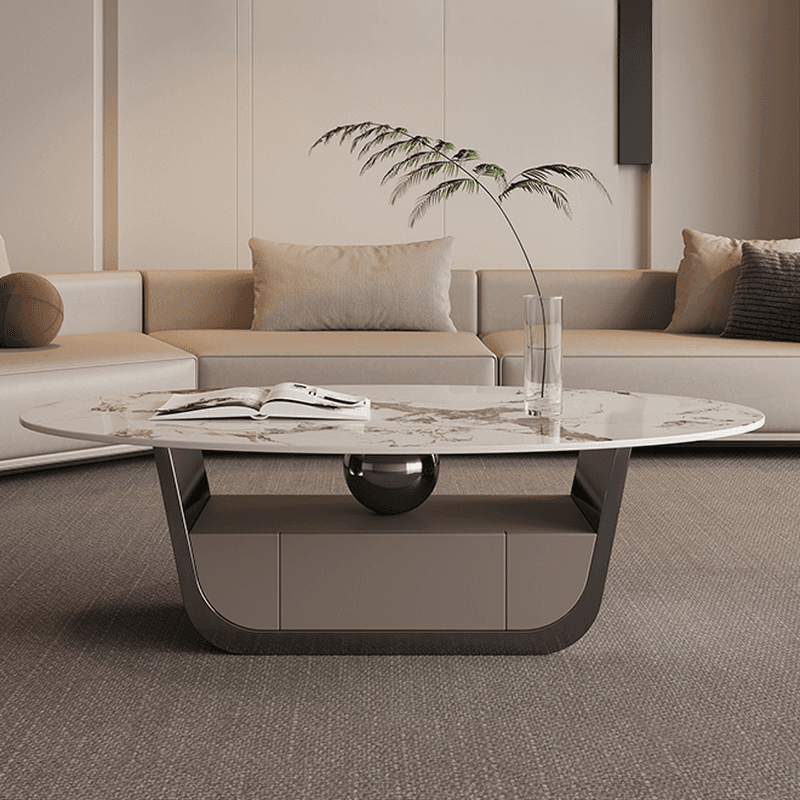 Glamorous Oblong Stone Coffee Table with Abstract Base, Scratch-proof and Drawer for Small Spaces - image 4