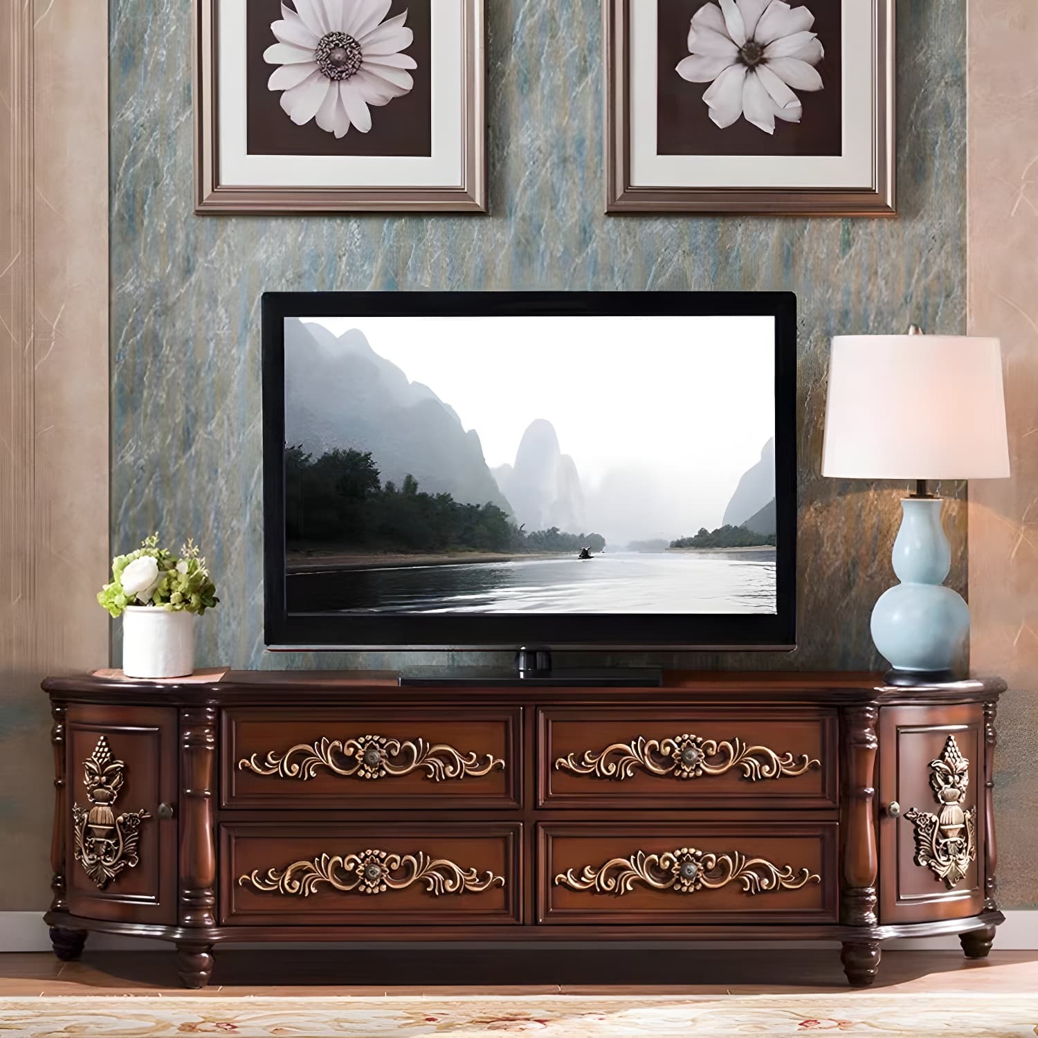 Traditional Birch Wood Media Console Matte Finish TV Media Stand with Drawers - image 14