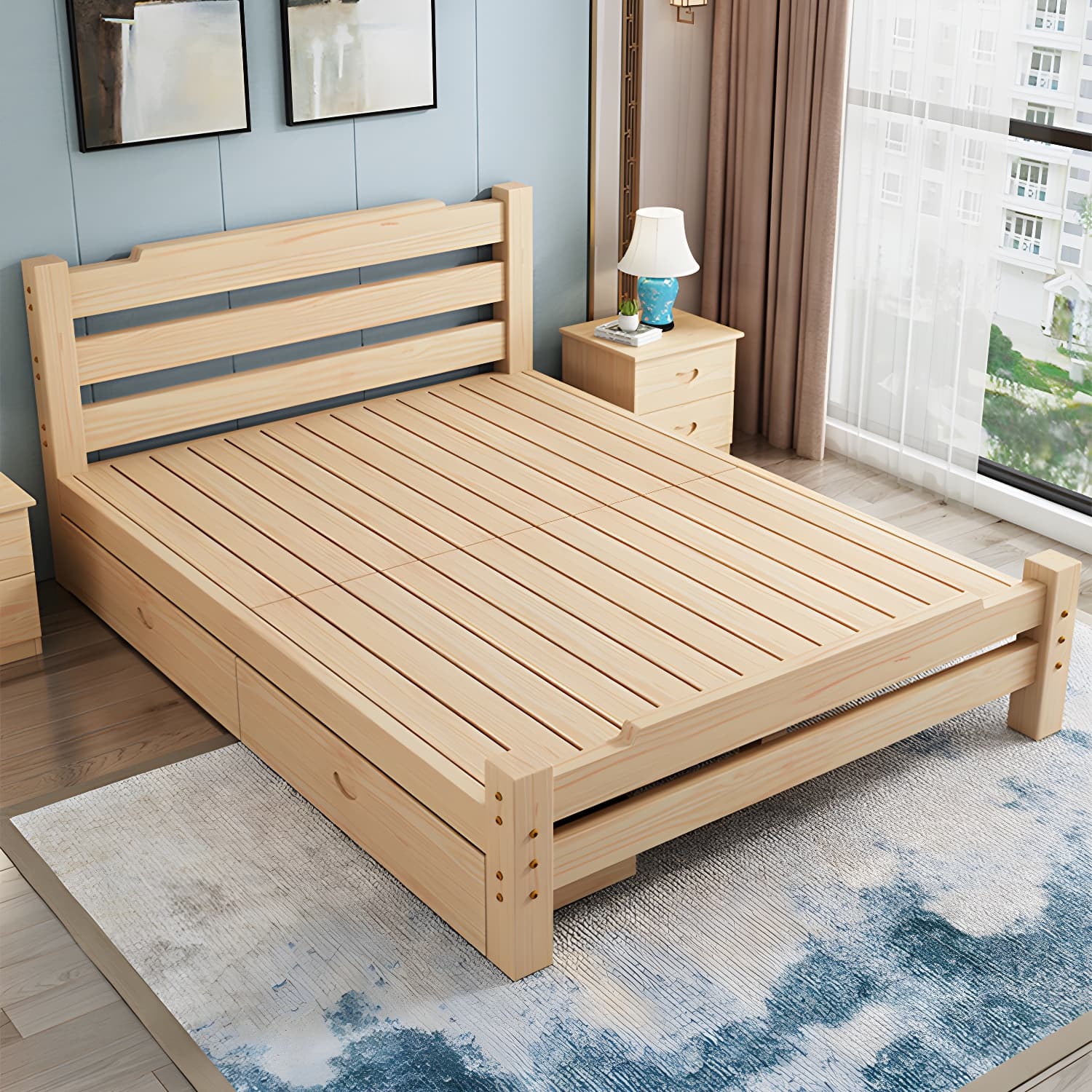 Pine Wood Bed in Light Brone Scandinavian Bed with Headboard - image 3