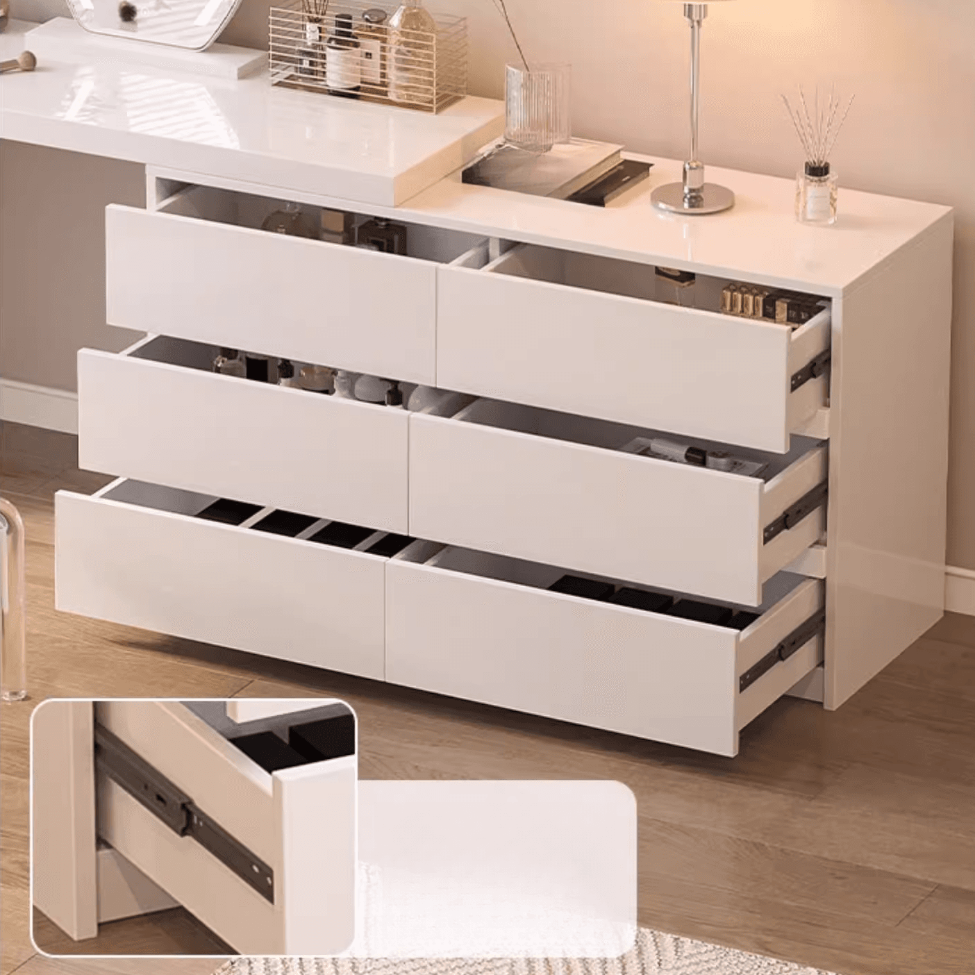 Large Vanity Set with Chalk Seating, 6 Drawers, Lumber Frame, Scalable 2-in-1 Design, and Chair - image 5