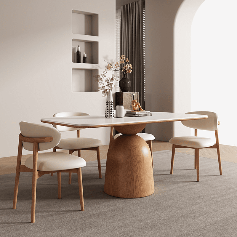 Dining Table Set with Rectangular White Slate Stone Top and Stump Base, Featuring Padded Chair with Back