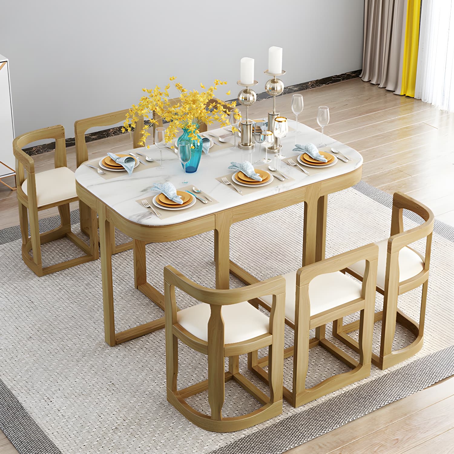 7-Piece Modern Wood Dining Set with Trestle Base and Upholstered Chairs in White - Seats 6 - image 11