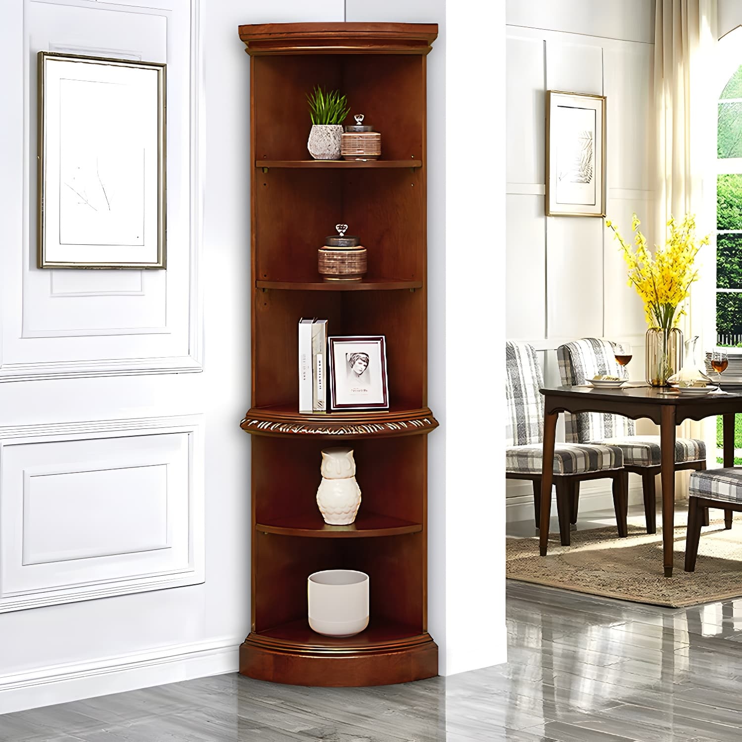 Solid Wood Triangle Corner Cabinet in Rubber Wood with Storage Shelves
