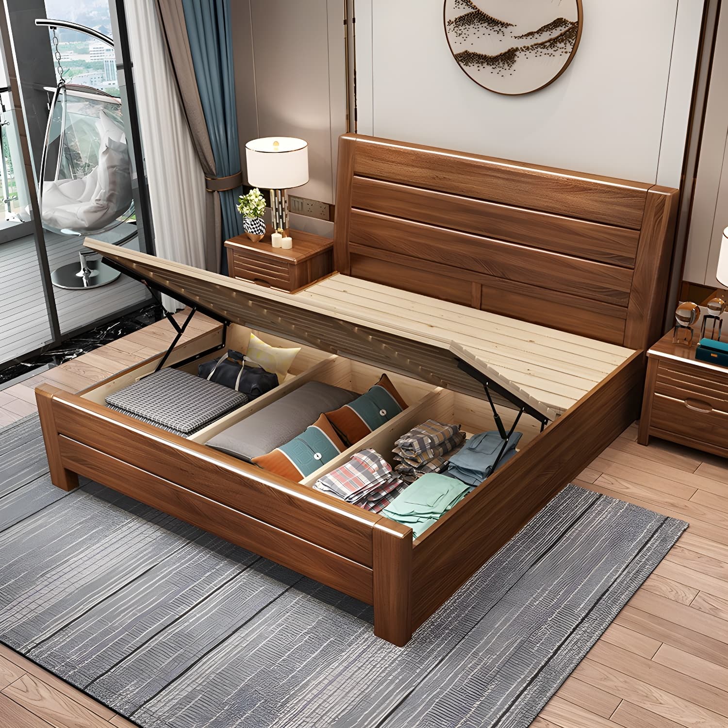 Mid-Century Modern Standard Bed Walnut Panel Bed with Headboard - image 3