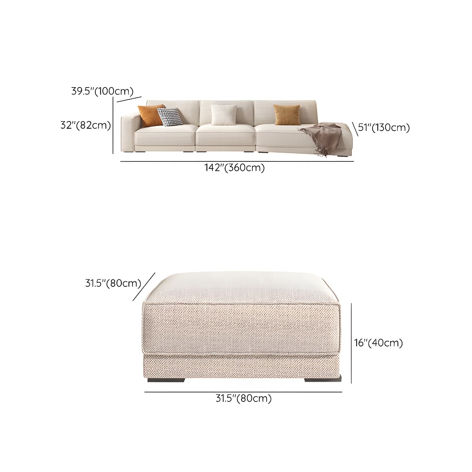 Modern Beige Linen L-Shape Sofa Chaise with Square Arm in Wood Frame - image 28