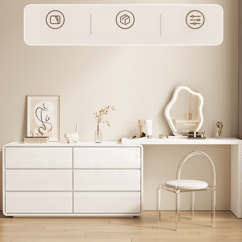 Large White/Transparent Vanity Set with 6 Drawers, Polymer/Lumber Frame, Lighted Mirror, and Scalable Chair - image 3