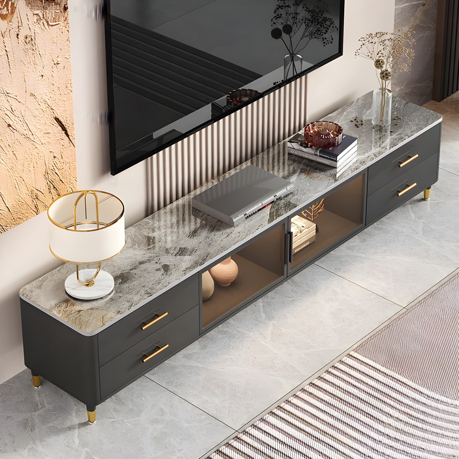Stone Top Media Console Contemporary TV Media Stand with Metal Legs - image 6