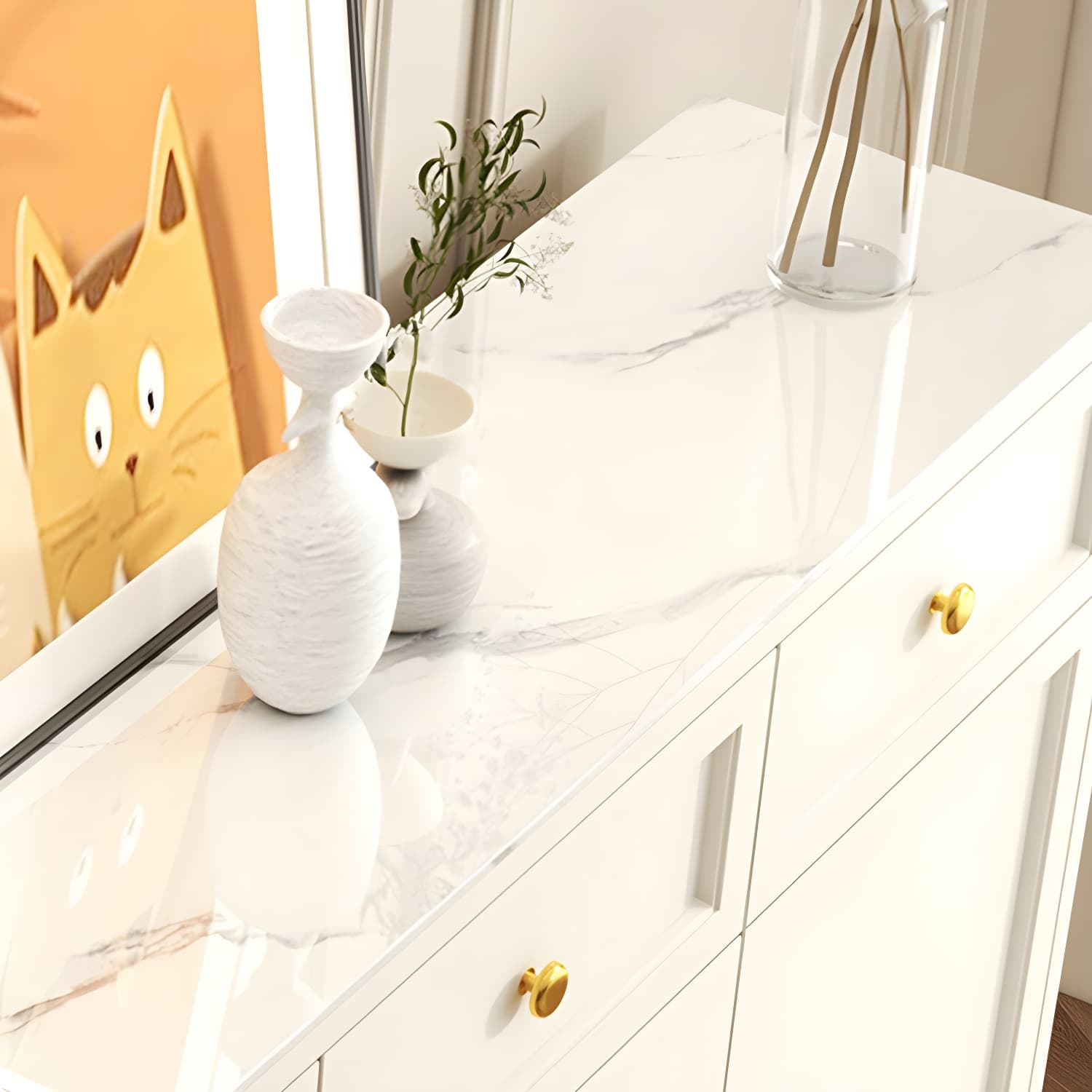 Scandinavian Wood Sideboard with Stone Countertop and Glass Doors - image 10