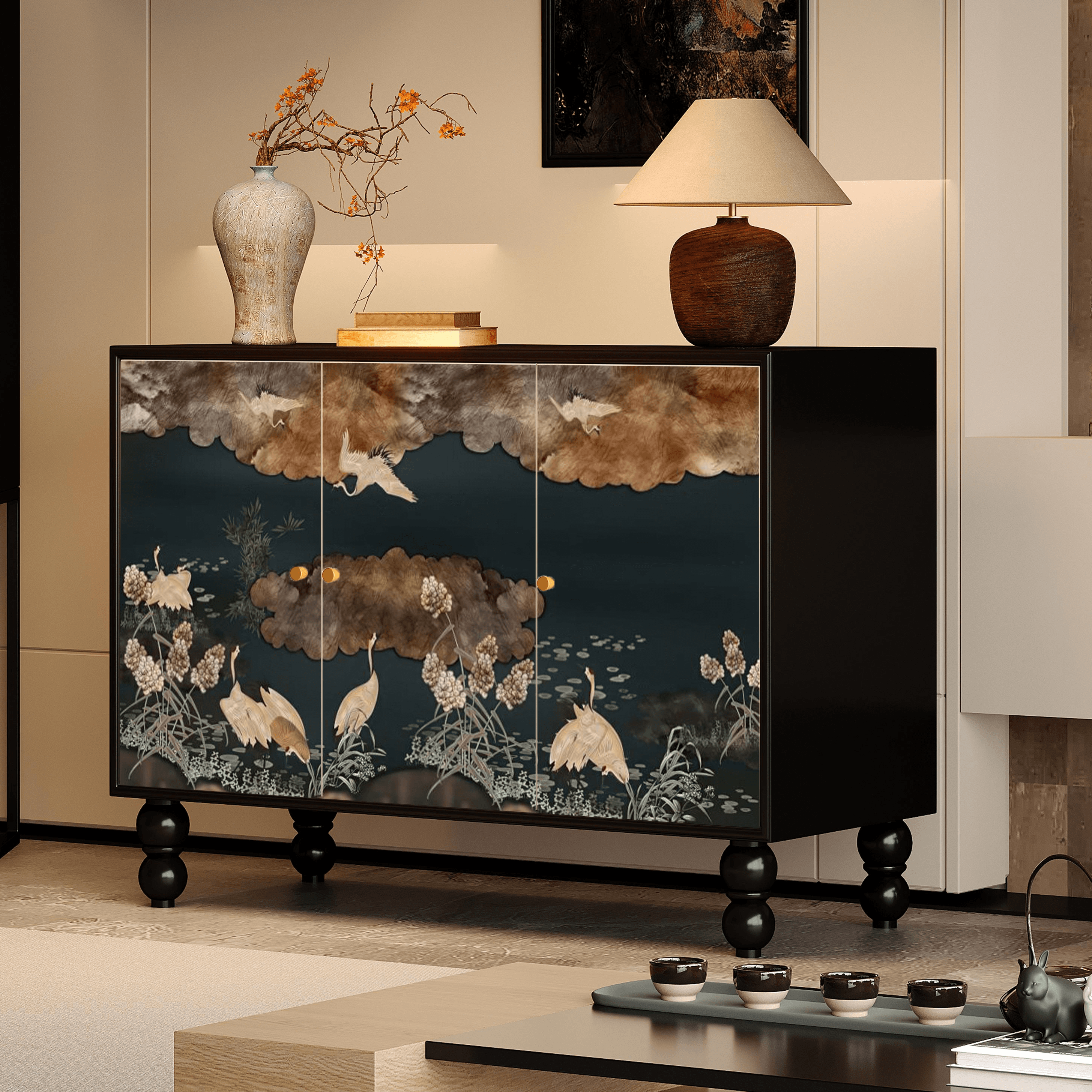 Asian Unattached Scratch-repellent Midnight Black Lumber Utility Storage Cabinet with Pull Knobs & Closet - image 6