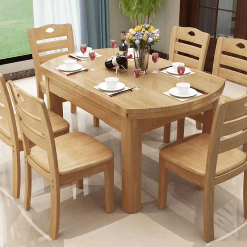 Dining Table Set with Rounded Wood Slab Top, 4 Legs, Drop Leaf, Back Seat, in White/Auburn/Amber Color
