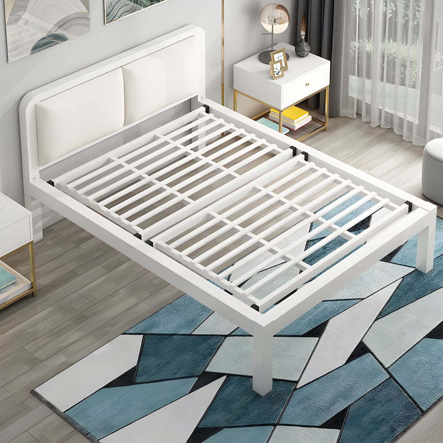 Slat Bed 36.61"H Adjustable Height with Open-Frame Upholstered Headboard