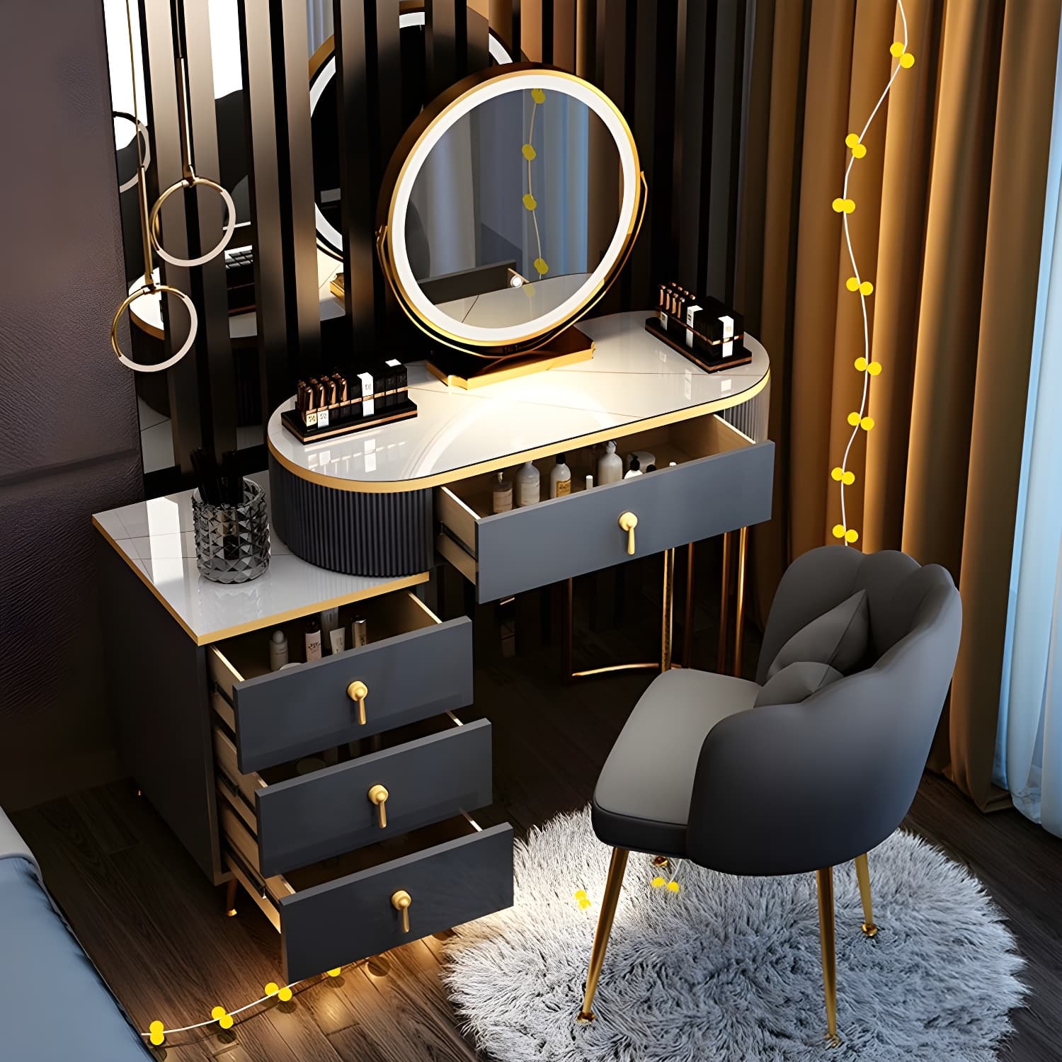 Contemporary Vanity Makeup Dressing Table Stool Set with Storage Drawers